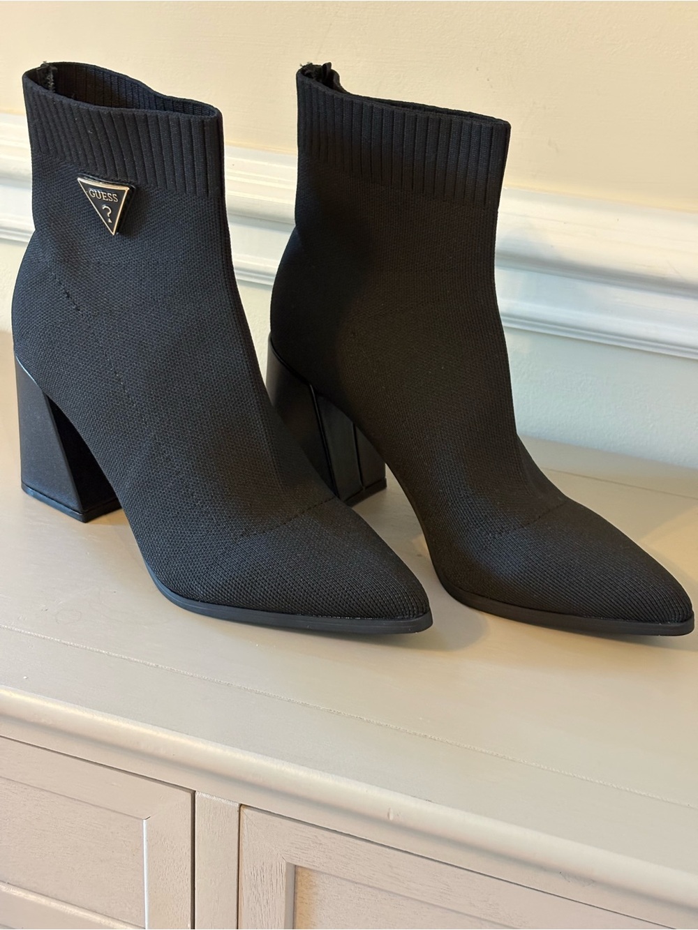 GUESS Black Knit Pointed Toe Block Heel Ankle Booties